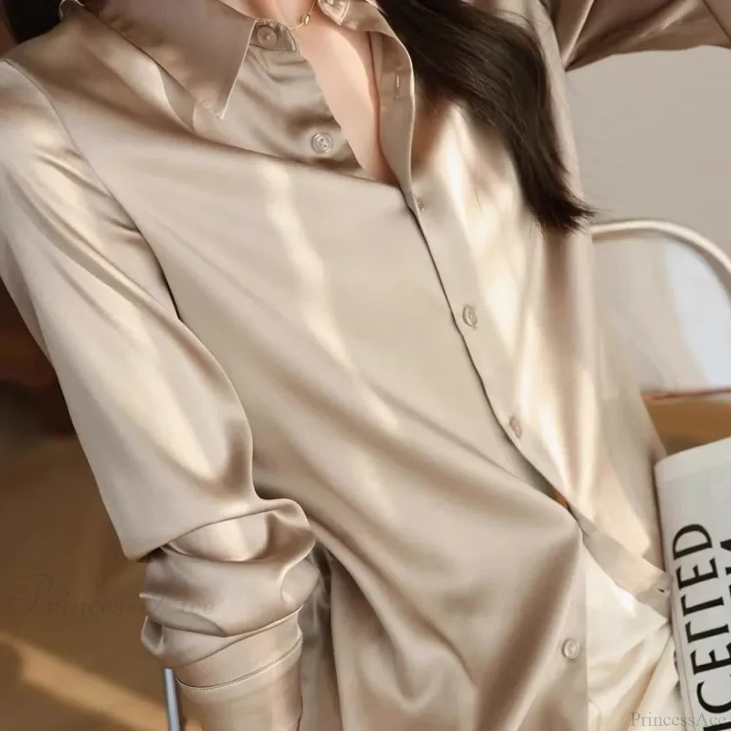 Satin Solid Long Sleeve Polo Neck Blouse Champagne / S blouse-250223