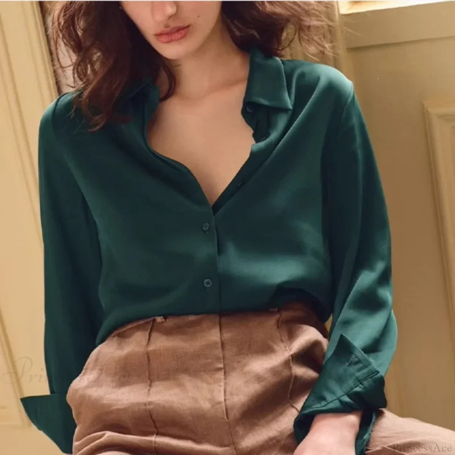 Satin Solid Long Sleeve Polo Neck Blouse Dark Green / S blouse-250223