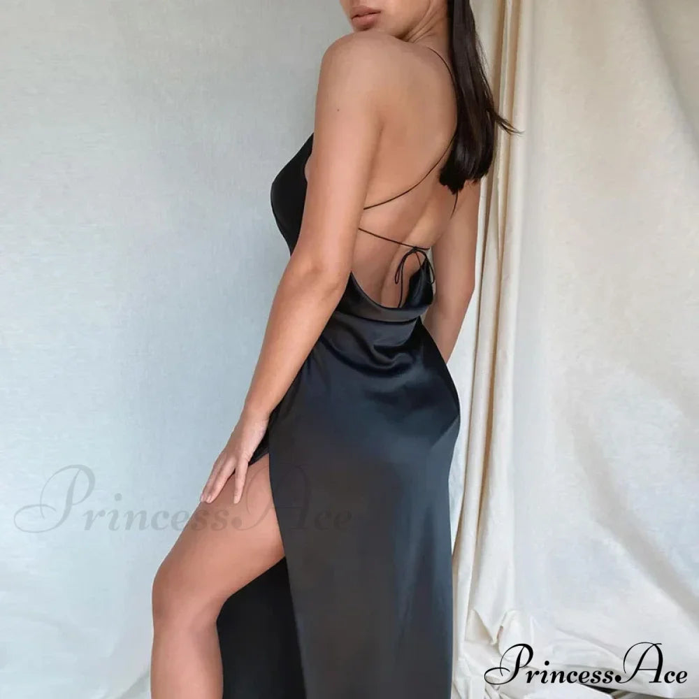 Satin Spaghetti Strap Summer Split V-Neck Elegant Sleeveless Backless Club Party Outfits Sexy Black