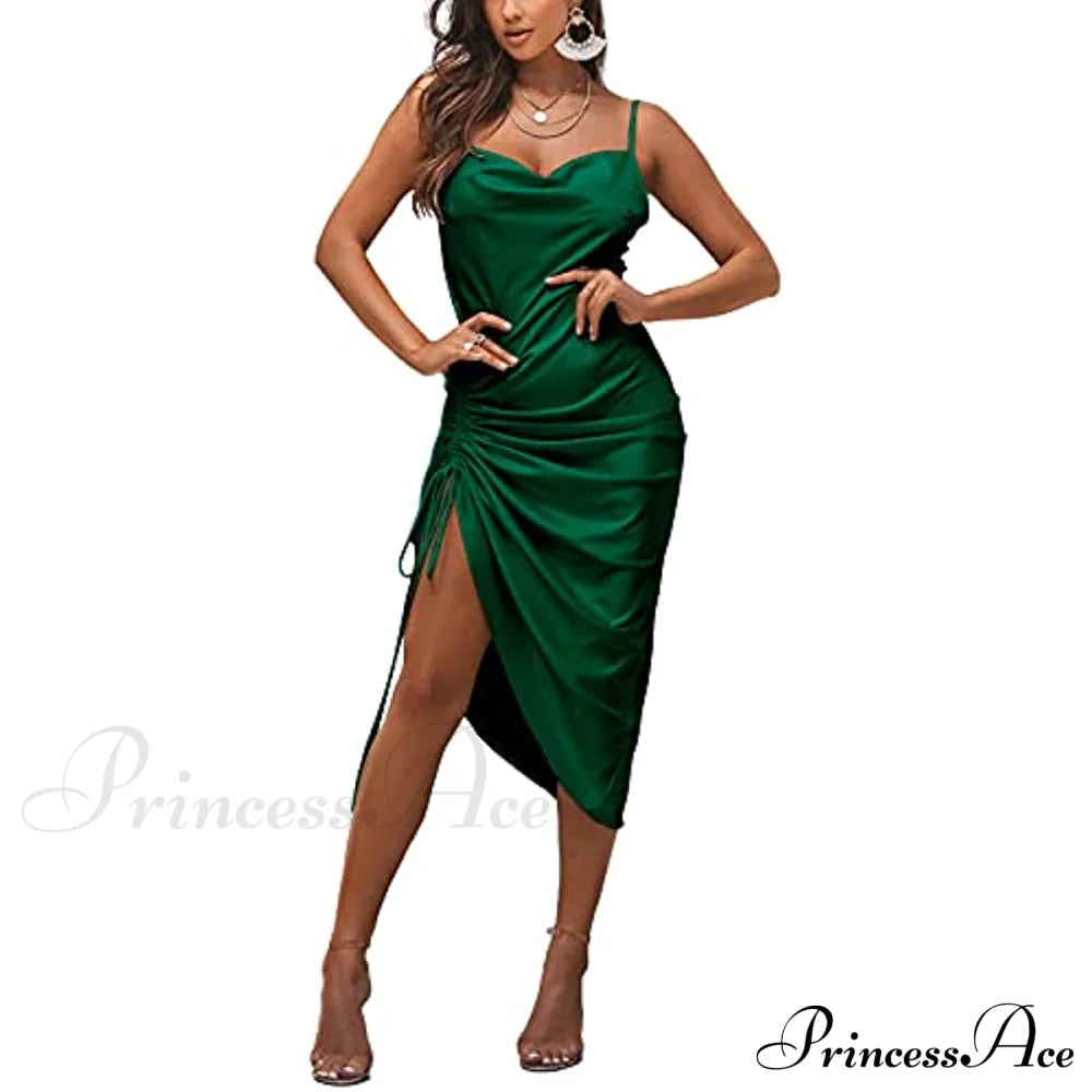 Satin Spaghetti Straps Cowl Neck Christmas Midi Dresses