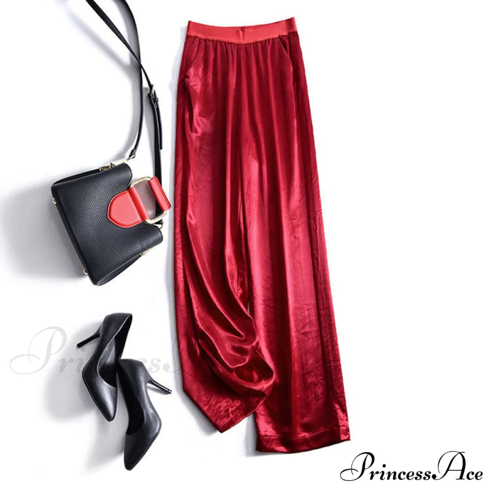 Satin Straight-Leg Casual Pants Red / S