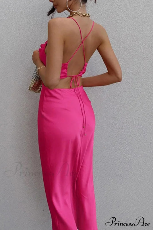 Satin Tie-Back Criss-Cross Cami Dress With Rose Pattern / L Midi Dresses