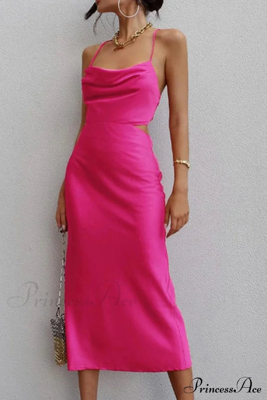 Satin Tie-Back Criss-Cross Cami Dress With Rose Pattern / S Midi Dresses