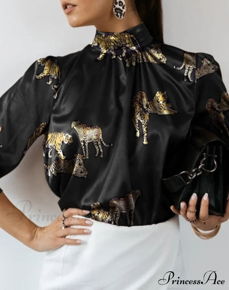 Satin Top By Weina S / Black Leopard Tops & Blouses