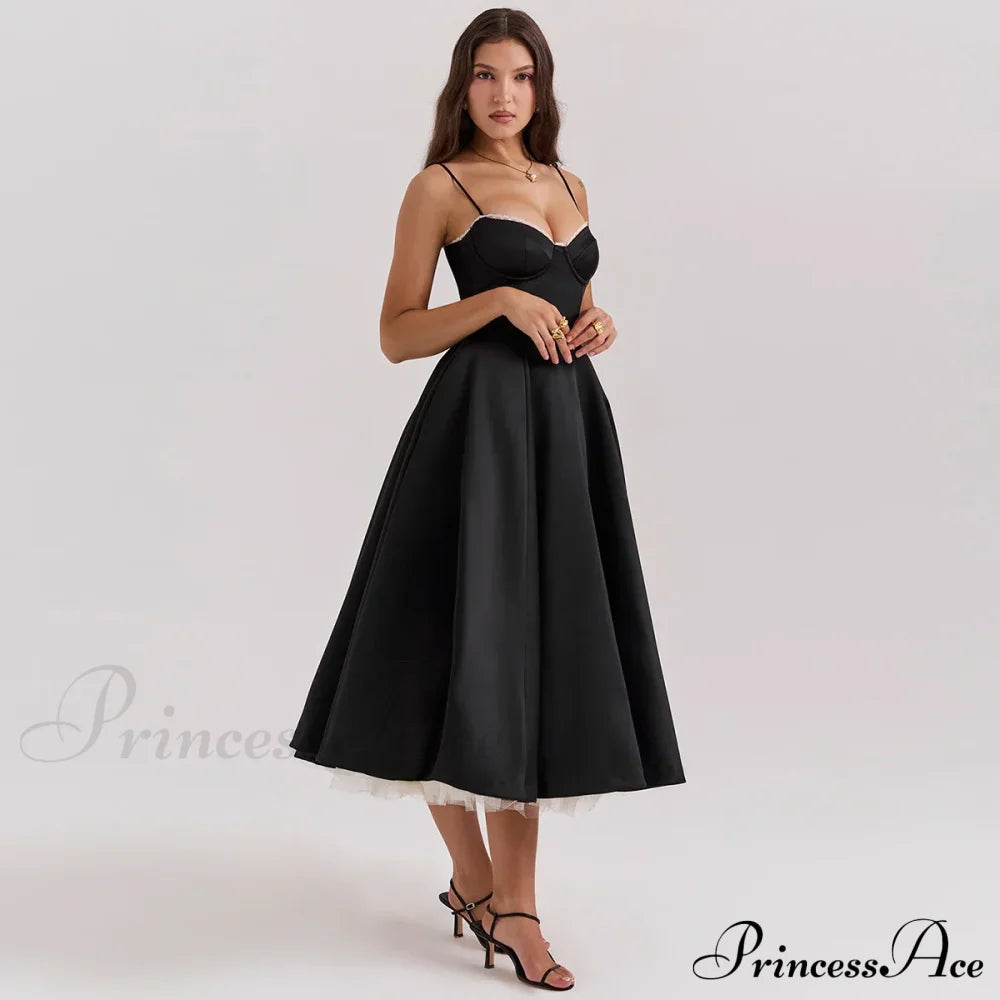 Satin Tulle Flare Charming Strap Cupped Midi Dress