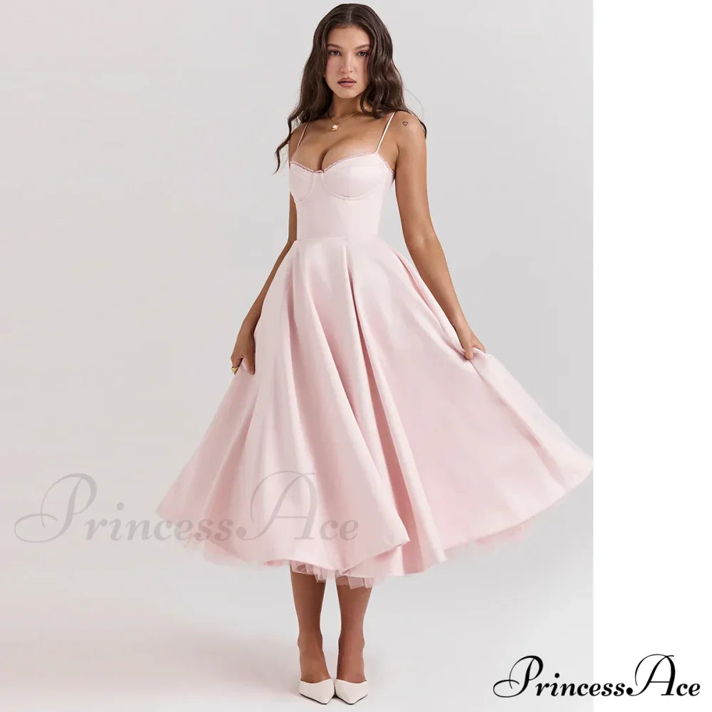 Satin Tulle Flare Charming Strap Cupped Midi Dress