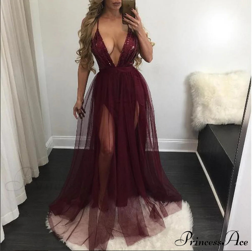 Saylor Formal Double Charming Slit Tulle Dress Claret / S S.o. Long Dresses