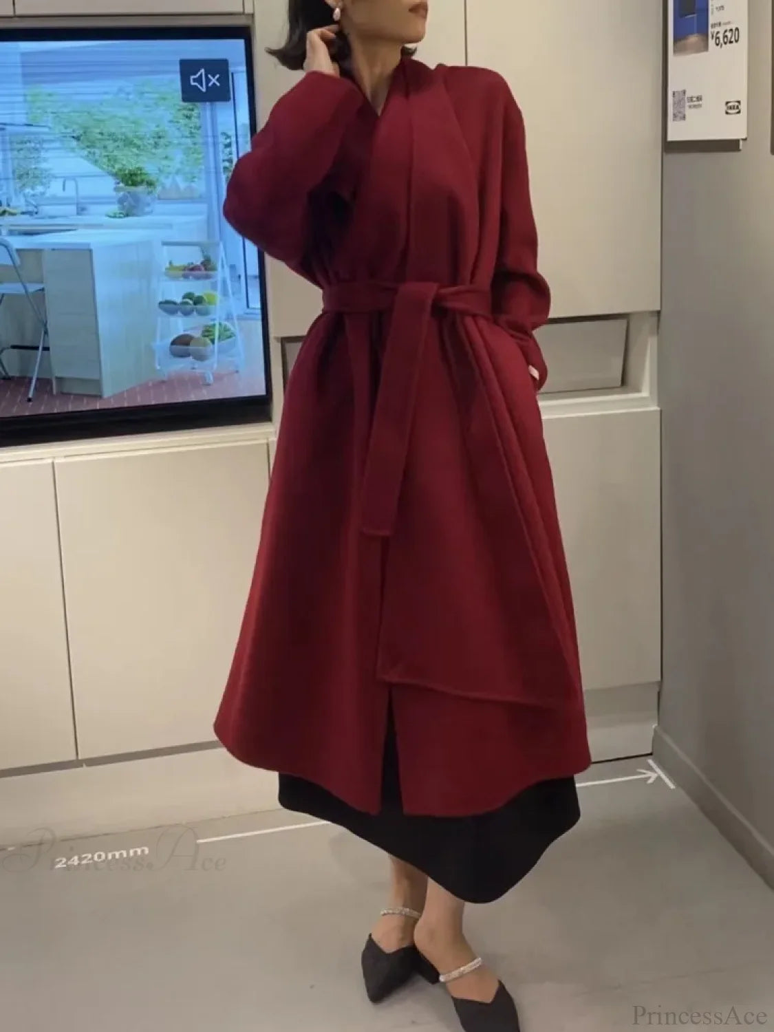 Scarf Collar Double-Breasted Wool Overcoat Deep Wine Red / One Size