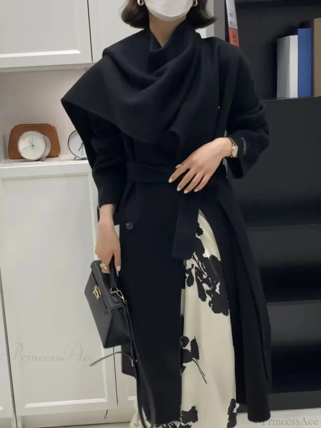 Scarf Collar Double-Breasted Wool Overcoat Solid Black / One Size