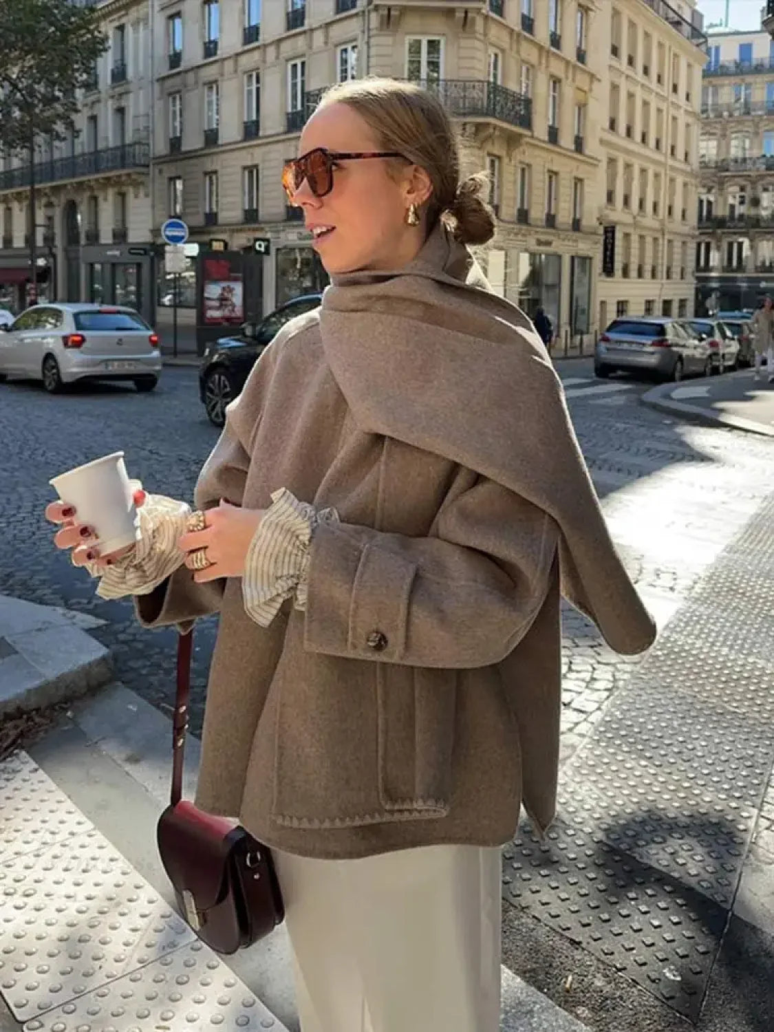 Scarf Collar Woolen Blends Short Coat