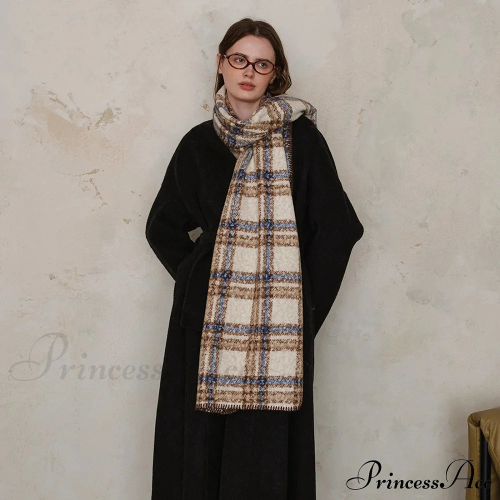 Scottish Woolen Plaid Scarf For Women - Autumn/Winter Shawl Blue Camel Beige / L190 W50Cm Scarfs-L