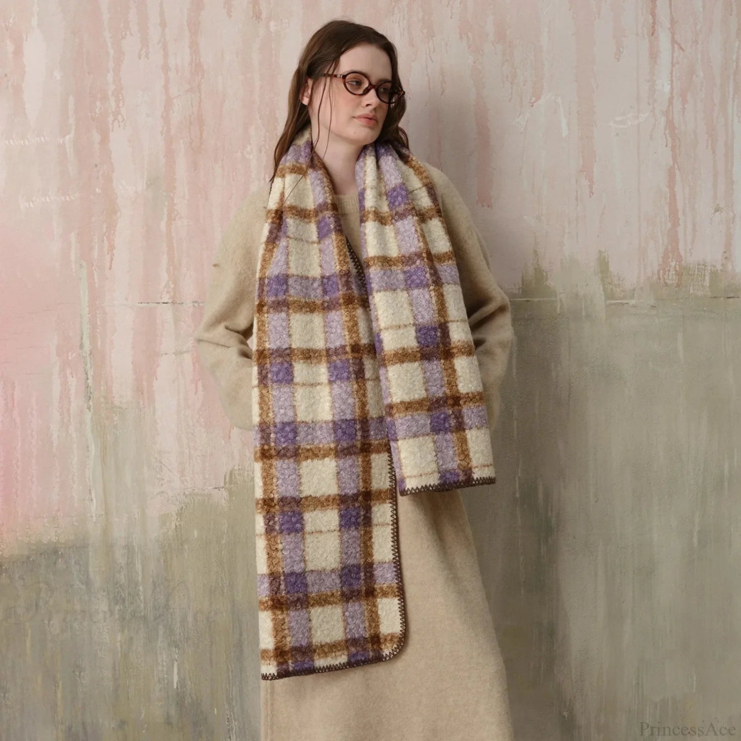 Scottish Woolen Plaid Scarf For Women - Autumn/Winter Shawl Purple Golden Beige / L190 W50Cm