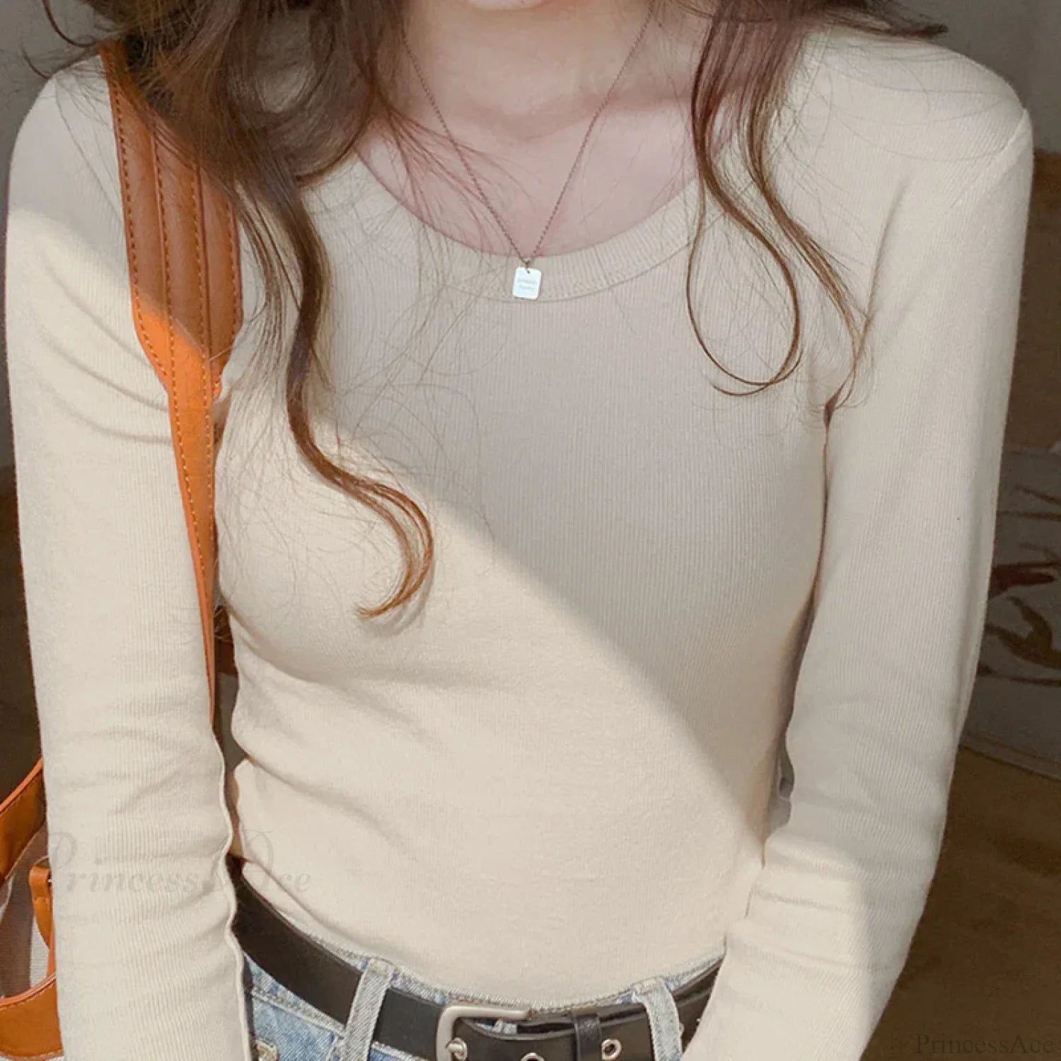 Screw Thread Cotton T-shirt Slim Sweater apricot / One Size