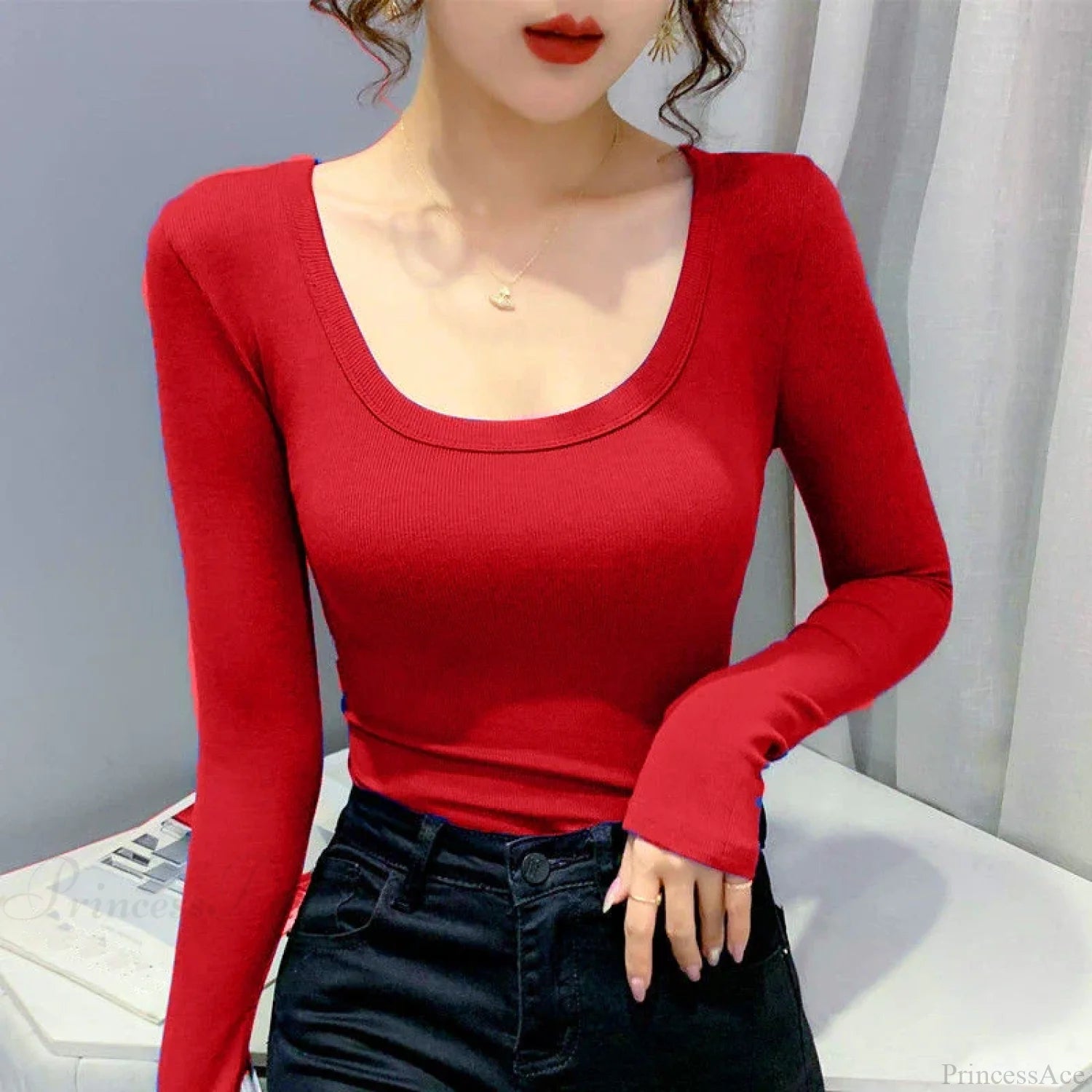 Screw Thread Cotton T-shirt Slim Sweater Red / One Size