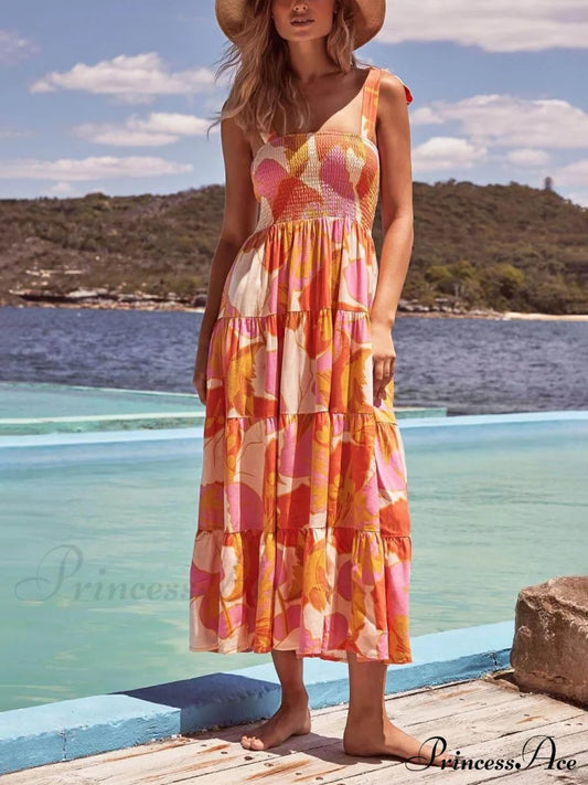 Sea Charm Sleeveless Pleated Graceful Stretch Chest Print Cami Dress Yellow / S Dresses