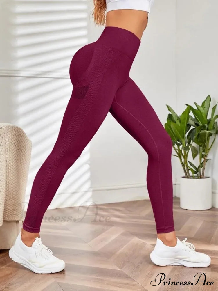 Seamless Elastic Butt Lifting Yoga Tights Legging Wine / S