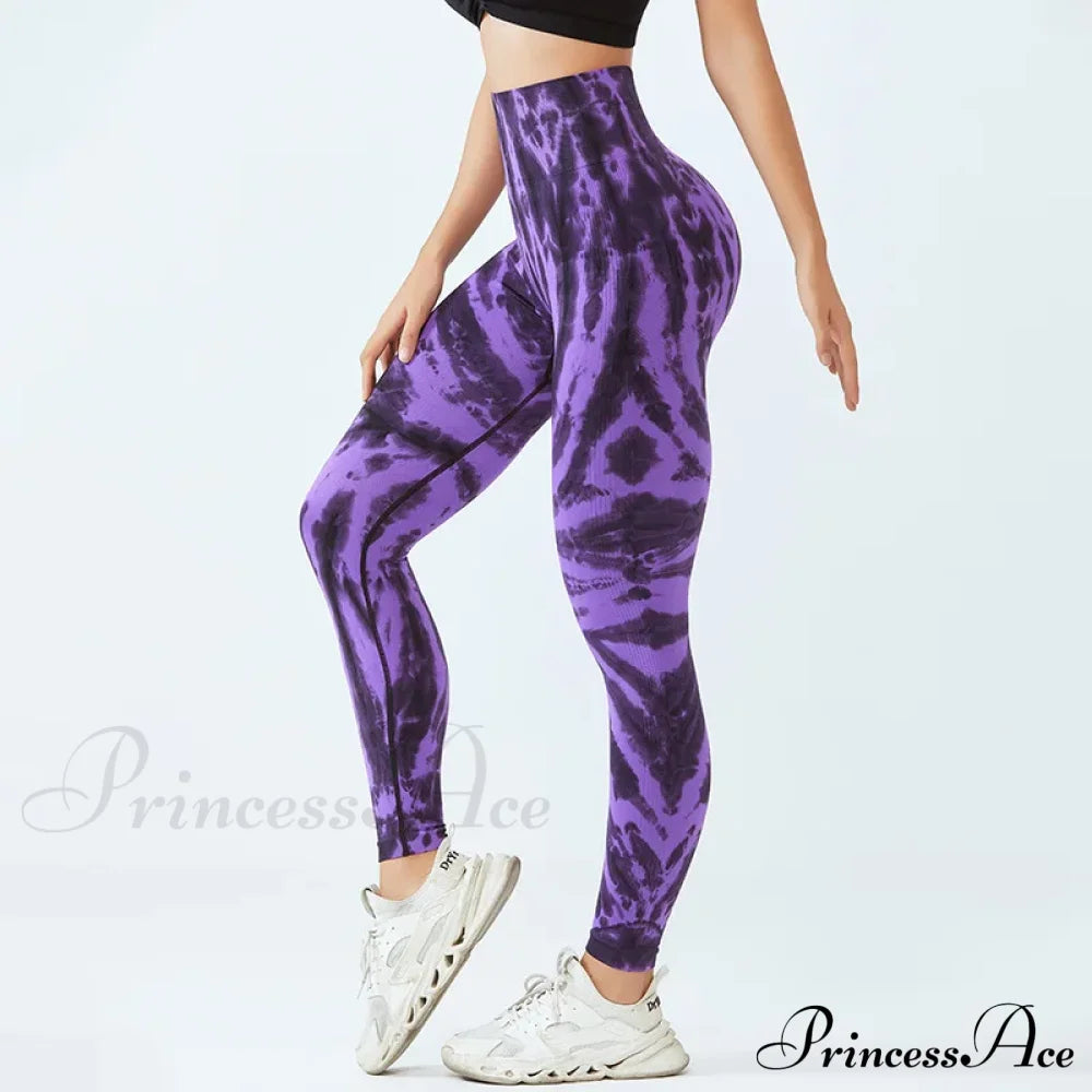 Seamless Tie Dye Waist Fitness Fashion Yoga Legging Purple / S