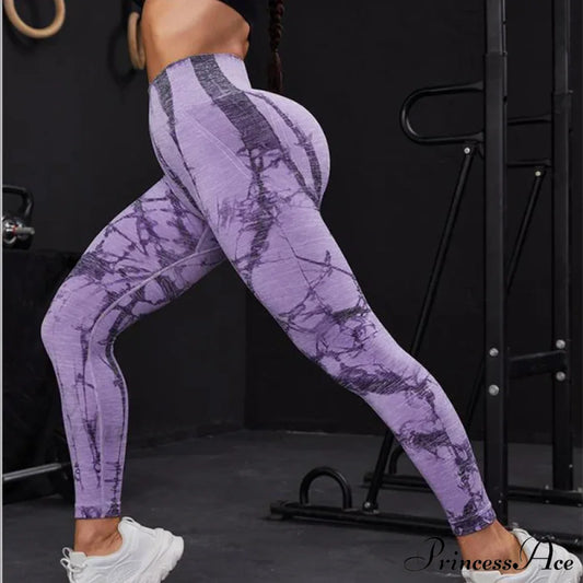 Seamless Waist Fitness Print Workout Knitted Legging Purple / S