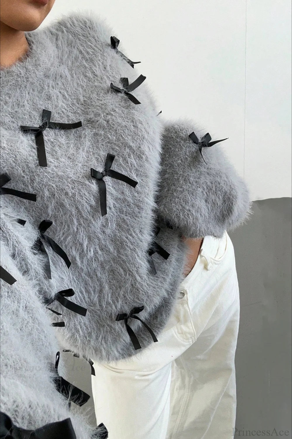 Seamoss Bow Decor Soft Crew Neck Loose Knit Sweater