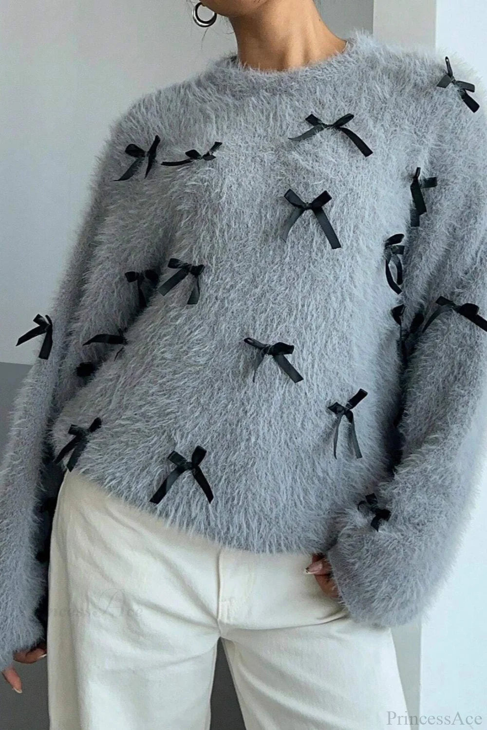 Seamoss Bow Decor Soft Crew Neck Loose Knit Sweater