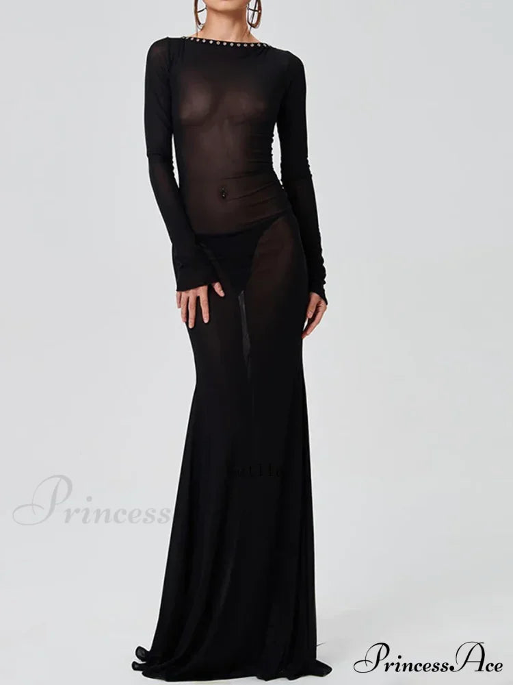 See Through Bodycon Sleeve Maxi Dress