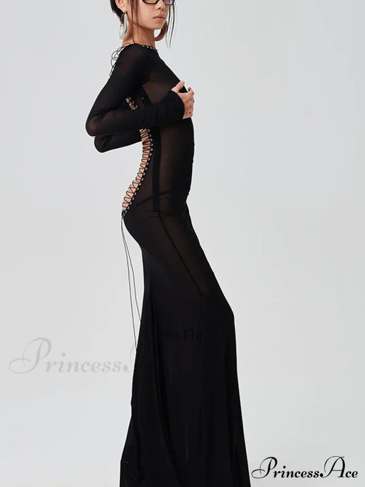 See Through Bodycon Sleeve Maxi Dress