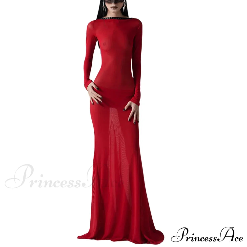 See Through Bodycon Sleeve Maxi Dress Red / One Size