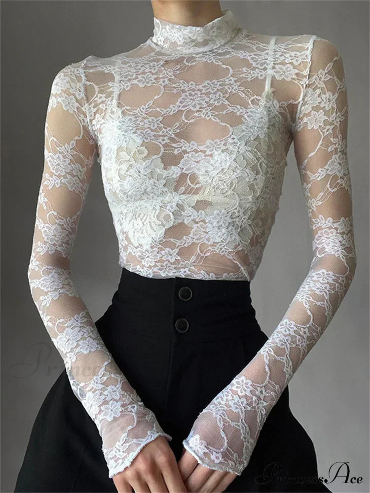 See Through Crop Top Long Sleeve High Neck Lace Floral Slim Fit T-Shirts