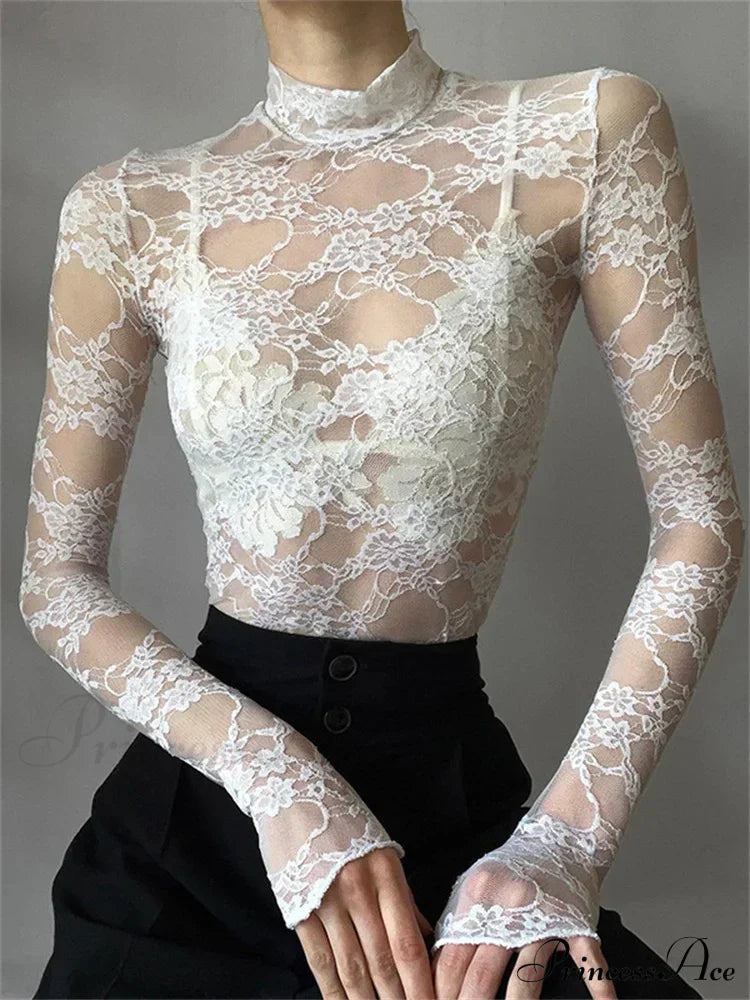 See Through Crop Top Long Sleeve High Neck Lace Floral Slim Fit T-Shirts White / S