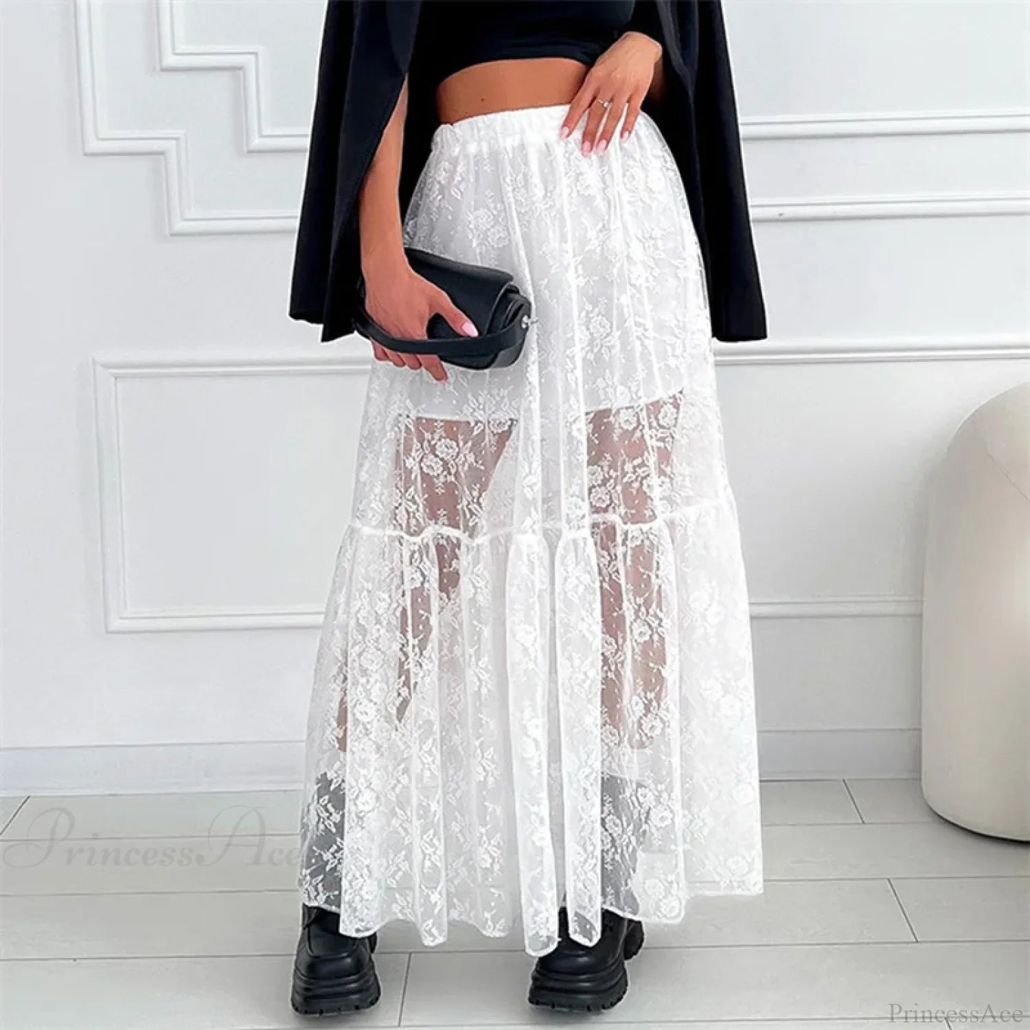 See Through Floral Lace Elastic High Waist A-Line Long Skirt Vacation Party WHITE / S skirt-250126