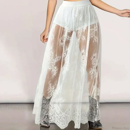 See Through Lace Maxi Party Skirt White / S