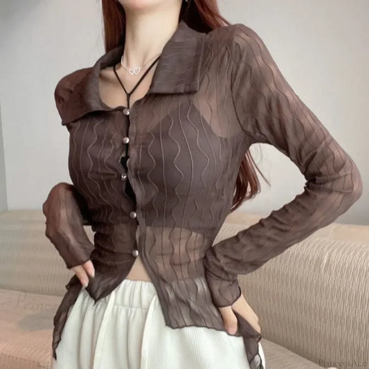 See Through Long Sleeve Turn-down Collar Blouse Coffee / big one size blouse-250126