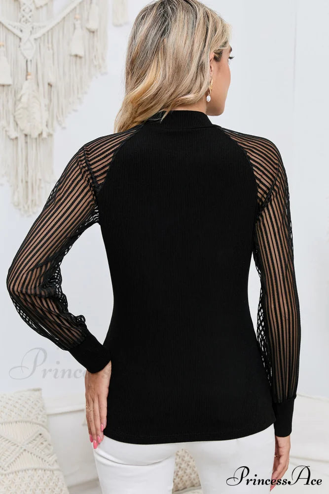 Semi-Sheer Arm Black With Round Blouse Long Neck