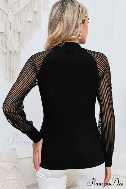 Semi-Sheer Arm Black With Round Blouse Long Neck