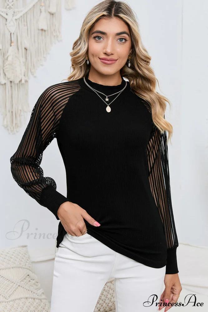 Round Neck Semi-Sheer Long Sleeve Black Blouse Black clothes long sleeve shirts long sleeve top Ship From Overseas shirt shirts SYNZ top tops