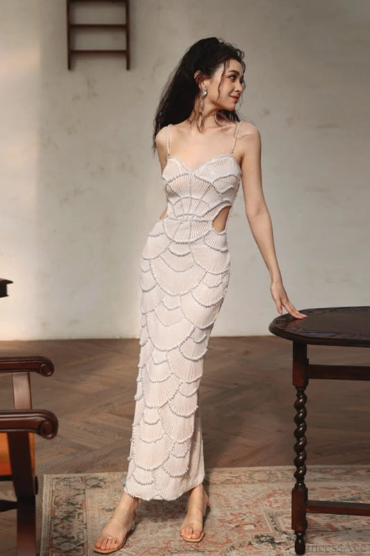 Sequin Beaded Cutout Waist Spaghetti Strap Wedding Dress White / S