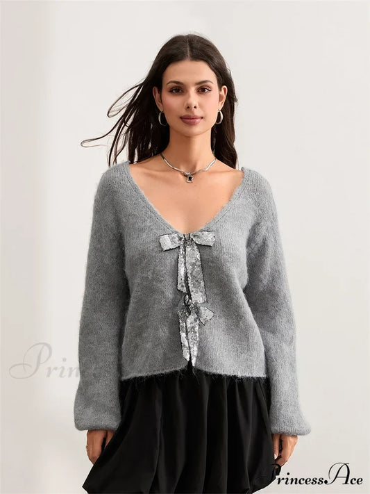 Sequin Bow Front Tie Loose V-Neck Cardigan Cardigan-241208