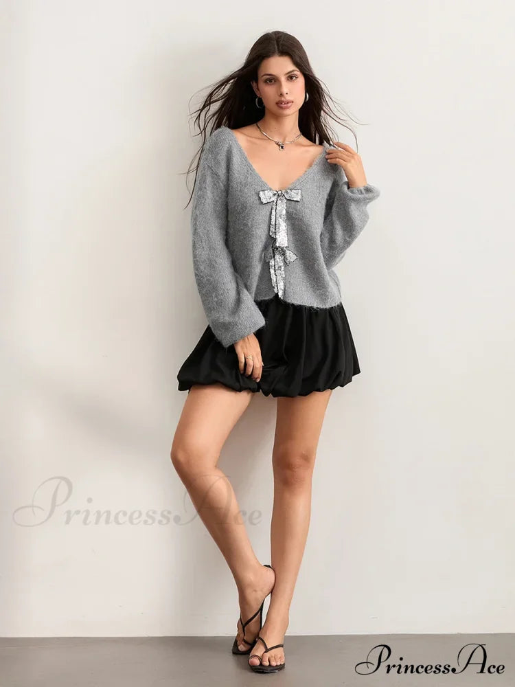 Sequin Bow Front Tie Loose V-Neck Cardigan Cardigan-241208