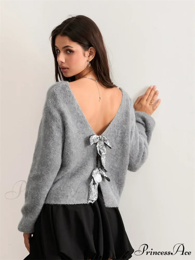 Sequin Bow Front Tie Loose V-Neck Cardigan Cardigan-241208