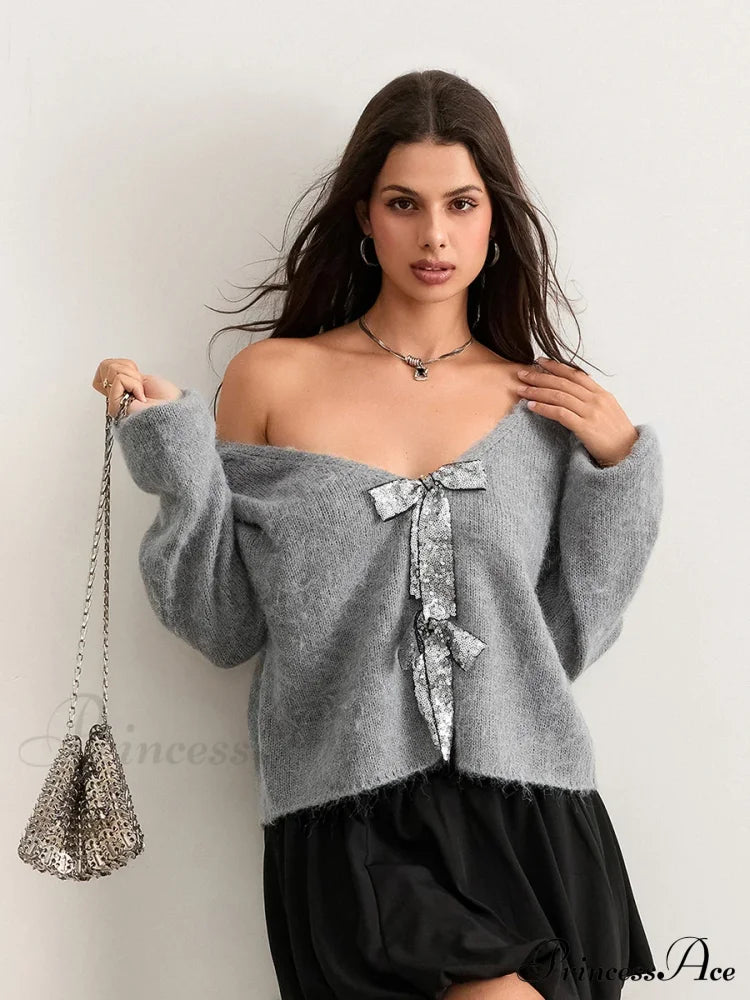 Sequin Bow Front Tie Loose V-Neck Cardigan Cardigan-241208