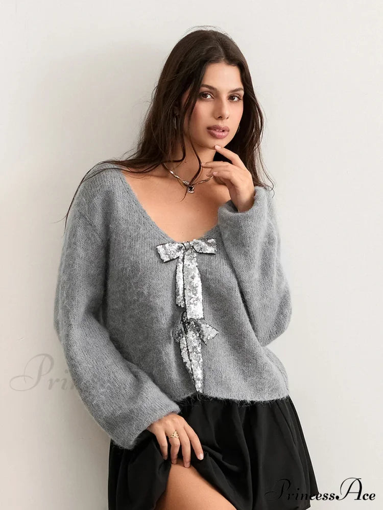 Sequin Bow Front Tie Loose V-Neck Cardigan Gray / S Cardigan-241208