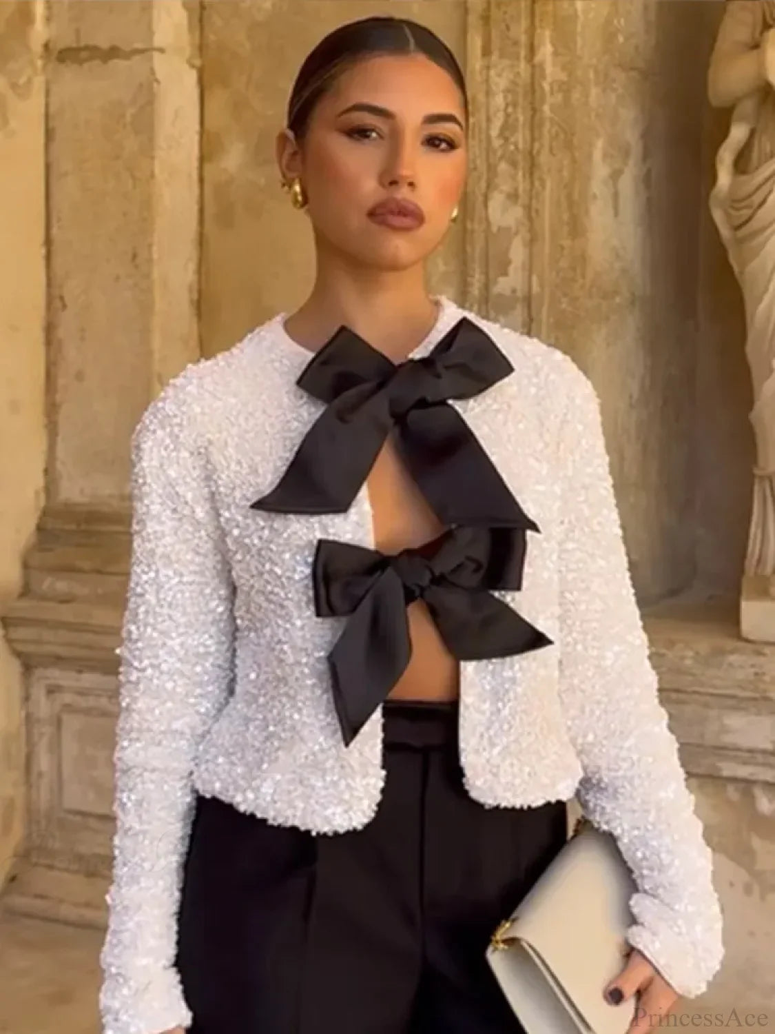 Sequin Bow Lace-Up Short Coat Coats-241208