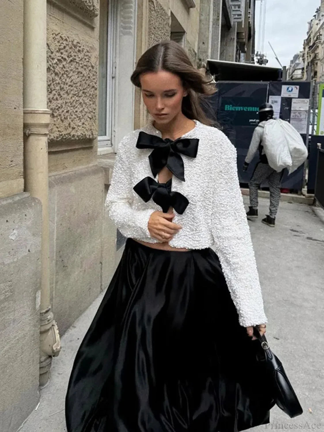 Sequin Bow Lace-Up Short Coat Coats-241208