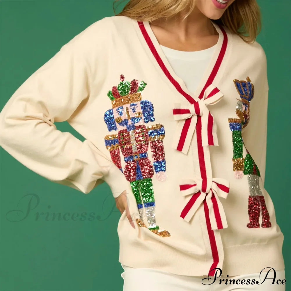 Sequin Christmas Nutcracker V-Neck Cardigan Cardigan-241208