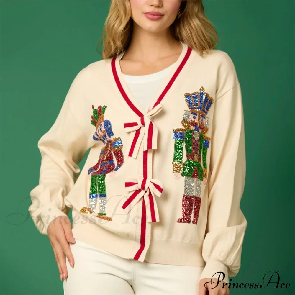 Sequin Christmas Nutcracker V-Neck Cardigan Beige / S Cardigan-241208