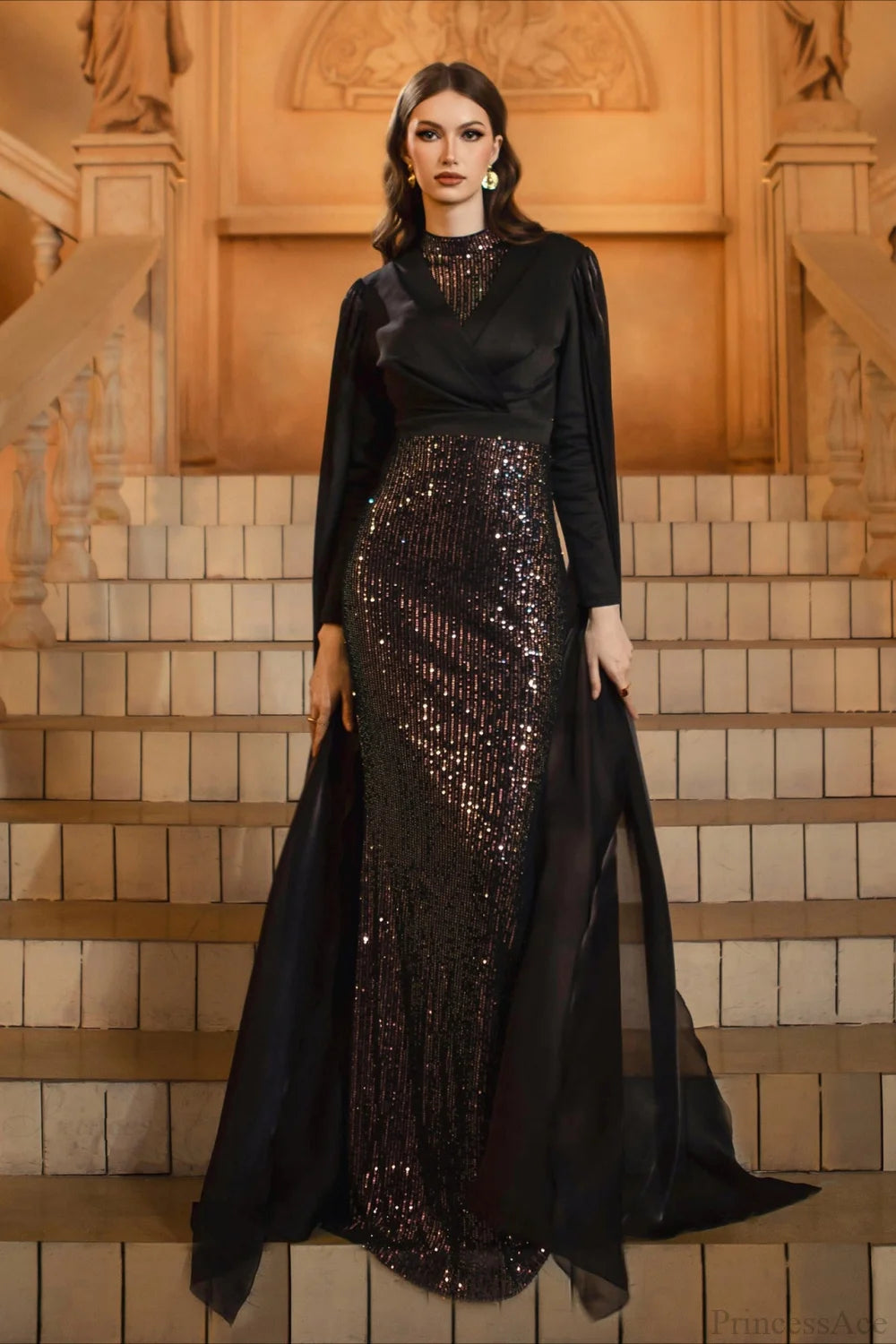 Sequin Crew Neck Long Sleeve Fitted Bodycon Wedding Dress