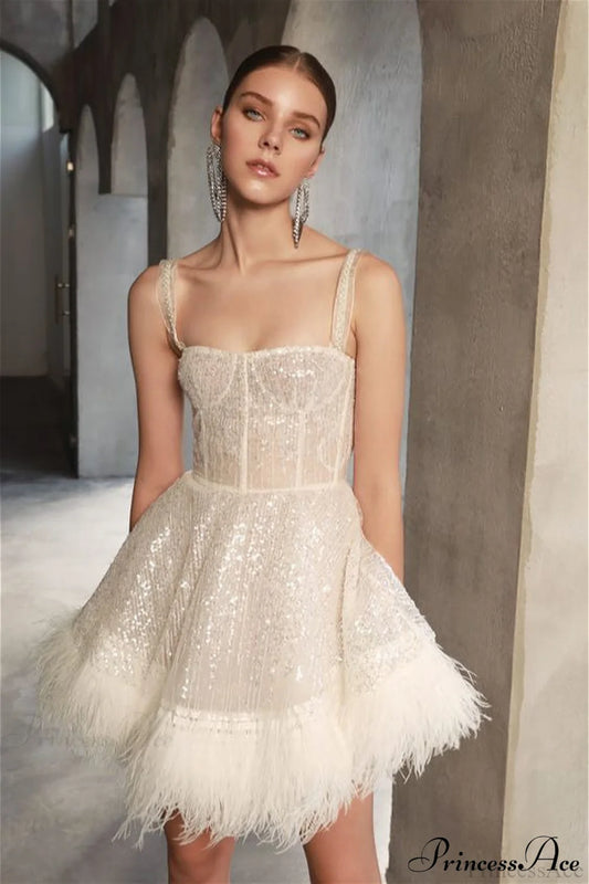 Sequin Feather Strapless Party Dress White / S