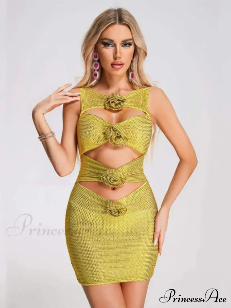 Sequin Flower Details Cut Graceful Out Bodycon Mini Dress