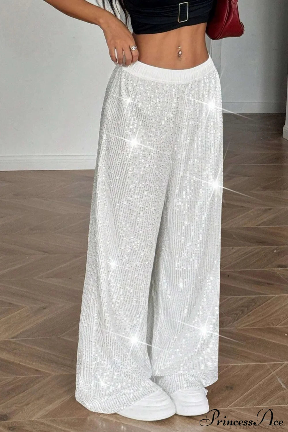 Sequin High Waist Flowy Wide-Leg Pants Silver / S