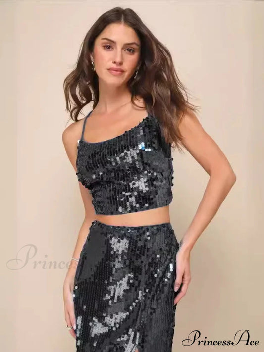 Sequin Lace-Up Stylish Two-Piece Maxi Dress S / Black Dresses